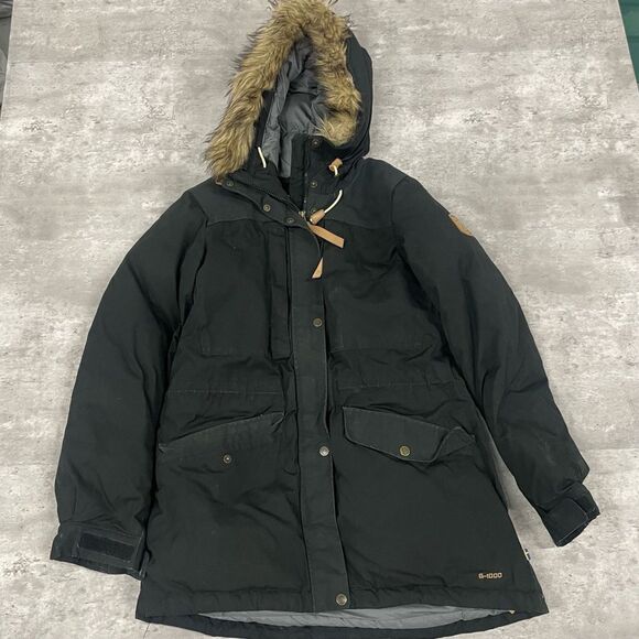 Fjallraven Womens Singi Down G-1000 Black Full Zip Hooded Jacket Size Large